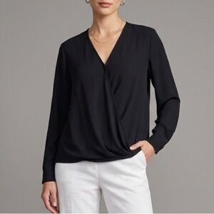 NEW 7 For All Mankind Black Georgette Surplus Faux Wrap Blouse Top XS Minimalist